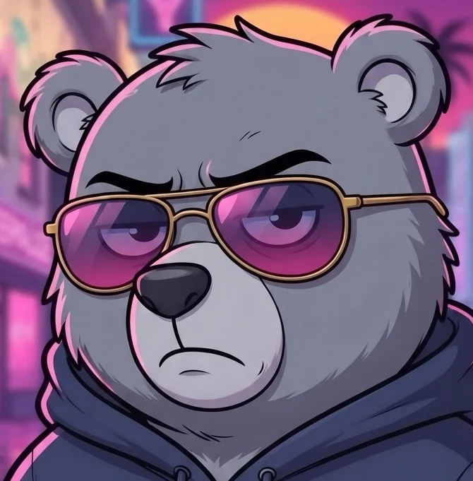 Porträt von Muffelz mit skeptischem Blick und pink getönter Sonnenbrille